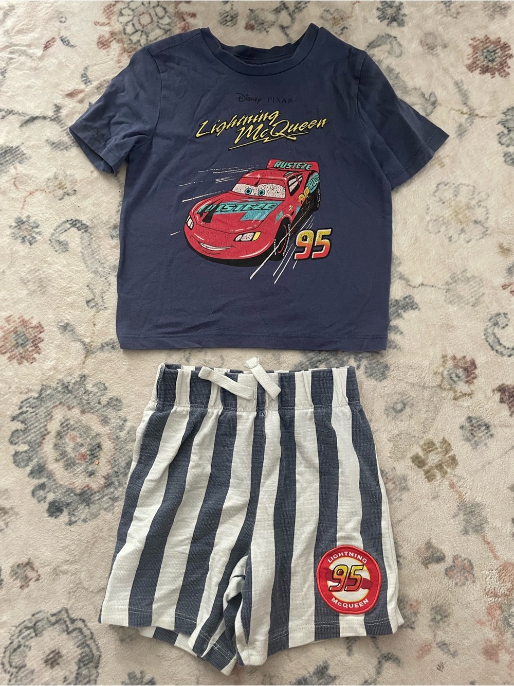 Disney Navy Blue Lightning McQueen Pajama Set with Striped Shorts